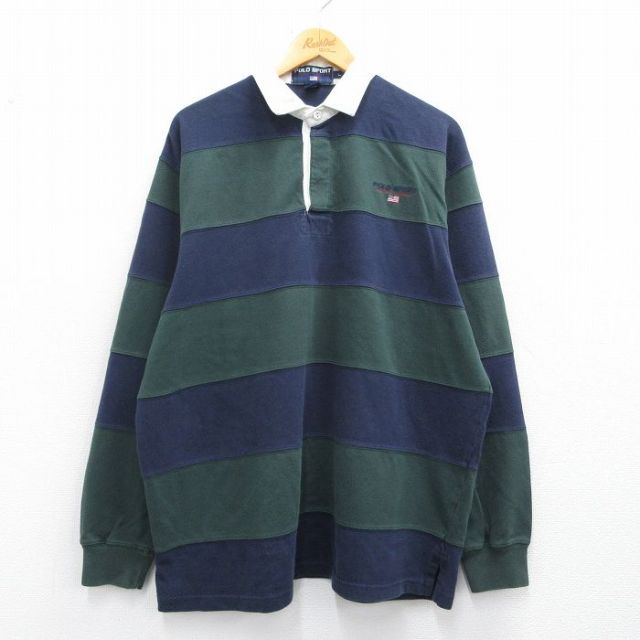 XL★古着 ラルフローレン Ralph Lauren ポロスポーツ 長袖 ブランド ラガー シャツ メンズ ワンポイントロゴ 大きいサイズ 濃紺他 ネイビー ボーダー 【spe】 25mar27 中古 トップス