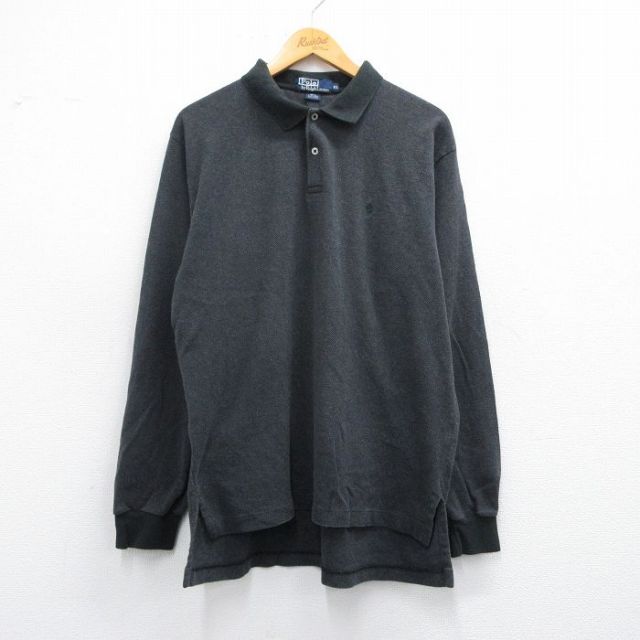 L★古着 ラルフローレン Ralph Lauren 長袖 ブランド ポロ シャツ メンズ 90年代 90s ワンポイントロゴ ヘリンボーン コットン 黒 ブラック 25mar27 中古 トップス
