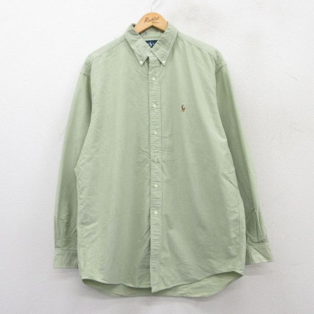 XL★古着 ラルフローレン Ralph Lauren 長袖 ブランド シャツ メンズ 90年代 90s YARMOUTH ワンポイントロゴ オックスフォード 大きいサイズ コットン ボタンダウン 薄緑 グリーン 25mar28 中古 トップス