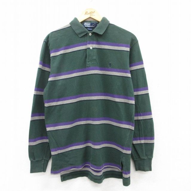 S★古着 ラルフローレン Ralph Lauren 長袖 ブランド ポロ シャツ メンズ 90年代 90s ワンポイントロゴ 鹿の子 コットン 緑他 グリーン ボーダー 25mar28 中古 トップス