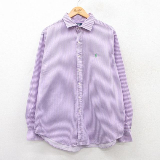 XL★古着 ラルフローレン Ralph Lauren 長袖 ブランド シャツ メンズ 90年代 90s STANTON ワンポイントロゴ 大きいサイズ 紫他 パープル ストライプ 25mar28 中古 トップス