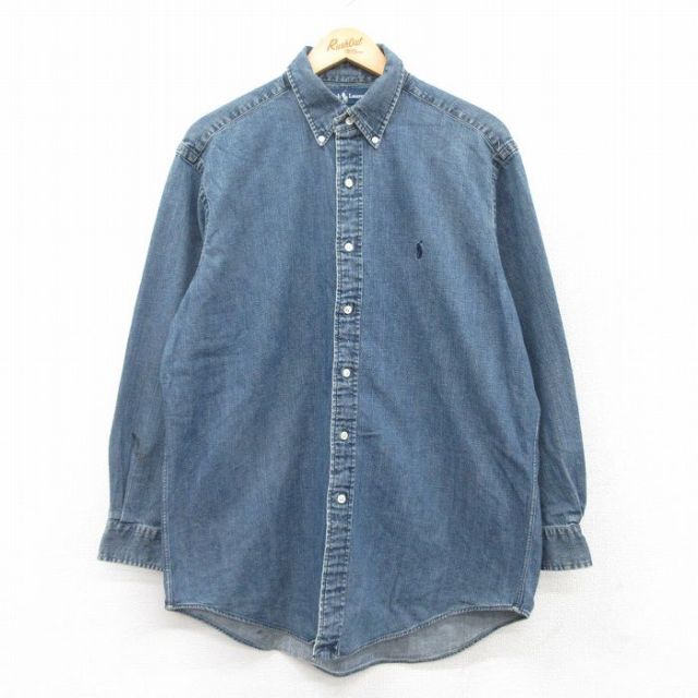 XL★古着 ラルフローレン Ralph Lauren 長袖 ブランド シャツ メンズ 90年代 90s YARMOUTH ワンポイントロゴ コットン ボタンダウン 濃紺 ネイビー デニム 【spe】 25mar28 中古 トップス