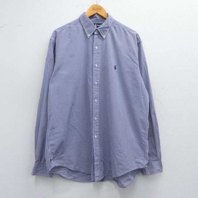 XL★古着 ラルフローレン Ralph Lauren 長袖 ブランド シャツ メンズ 90年代 90s ワンポイントロゴ YARMOUTH 大きいサイズ ロング丈 コットン ボタンダウン 紺他 ネイビー チェック 25mar29 中古 トップス