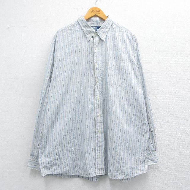 XL★古着 ラルフローレン Ralph Lauren 長袖 ブランド シャツ メンズ 90年代 90s MERRIN 大きいサイズ ロング丈 コットン 薄紺他 ネイビー ストライプ 25mar29 中古 トップス