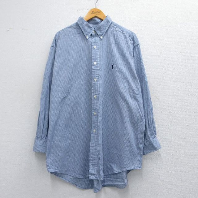 XL★古着 ラルフローレン Ralph Lauren 長袖 ブランド シャツ メンズ 90年代 90s ワンポイントロゴ YARMOUTH 大きいサイズ ロング丈 コットン ボタンダウン 紺他 ネイビー チェック 25mar29 中古 トップス