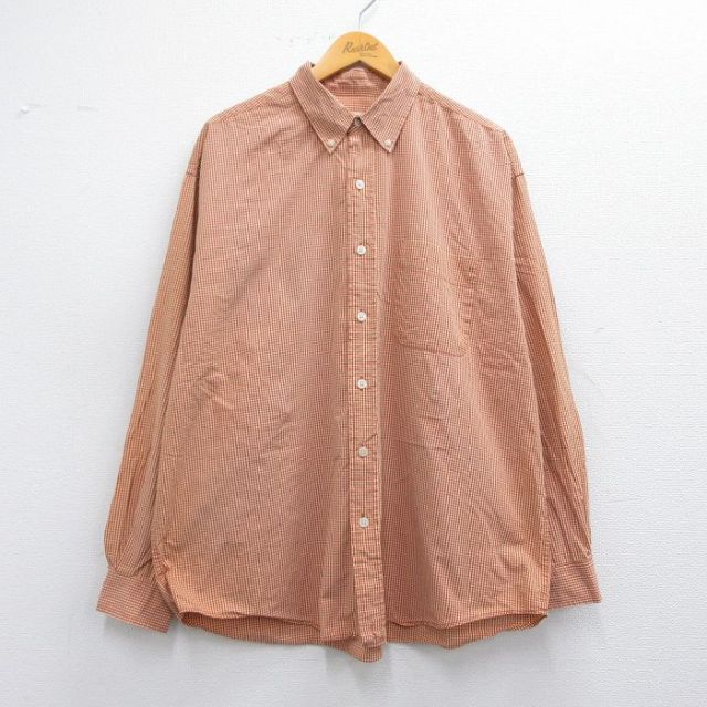 XL★古着 エディーバウアー 長袖 ブランド シャツ メンズ 00年代 00s 大きいサイズ コットン ボタンダウン オレンジ系他 チェック 25mar29 中古 トップス