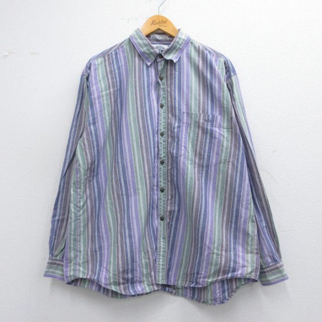 【50%OFF】XL★古着 ドッカーズ 長袖 ブランド シャツ メンズ 90年代 90s ワンポイントロゴ コットン 紺他 ネイビー ストライプ 25mar29 中古 トップス
