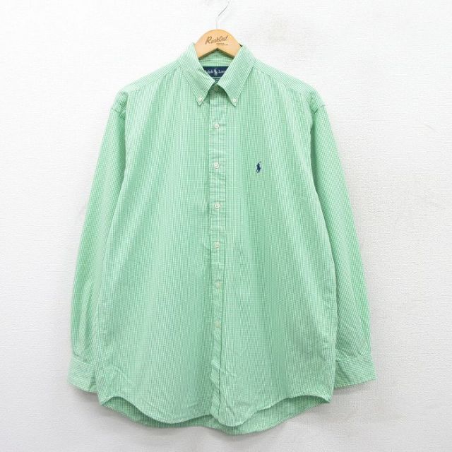XL★古着 ラルフローレン Ralph Lauren 長袖 ブランド シャツ メンズ 90年代 90s ワンポイントロゴ BLAKE コットン ボタンダウン 黄緑他 ギンガム チェック 25mar29 中古 トップス