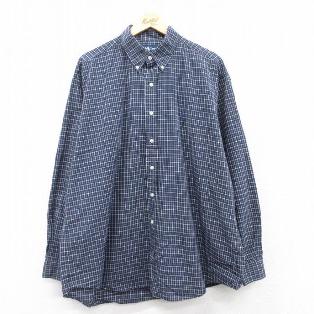 XL★古着 ラルフローレン Ralph Lauren 長袖 ブランド シャツ メンズ 90年代 90s ワンポイントロゴ BLAKE 大きいサイズ ロング丈 コットン ボタンダウン 紺他 ネイビー チェック 25mar29 中古 トップス