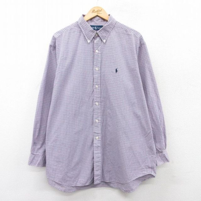 XL★古着 ラルフローレン Ralph Lauren 長袖 ブランド シャツ メンズ 90年代 90s ワンポイントロゴ YARMOUTH 大きいサイズ コットン ボタンダウン 薄紫他 パープル チェック 25mar29 中古 トップス