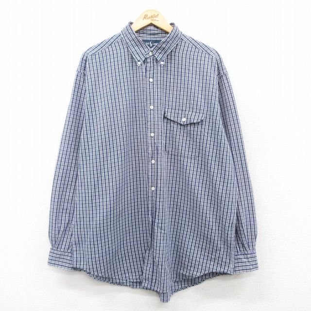 XL★古着 ラルフローレン Ralph Lauren 長袖 ブランド シャツ メンズ 90年代 90s CREEK 大きいサイズ ロング丈 コットン ボタンダウン 紺他 ネイビー チェック 25mar29 中古 トップス