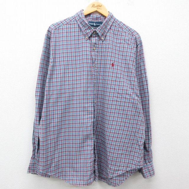 XL★古着 ラルフローレン Ralph Lauren 長袖 ブランド シャツ メンズ 90年代 90s ワンポイントロゴ 大きいサイズ コットン ボタンダウン 薄紺他 ネイビー チェック 【spe】 25mar31 中古 トップス