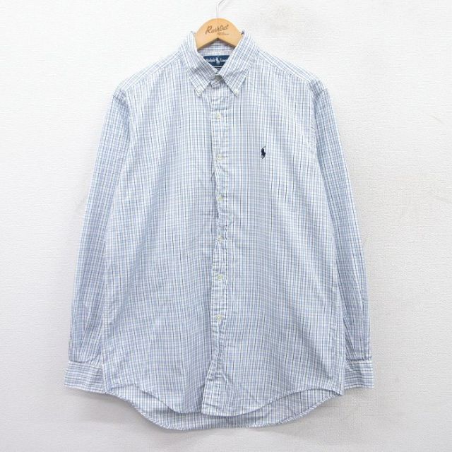 L★古着 ラルフローレン Ralph Lauren 長袖 ブランド シャツ メンズ 90年代 90s ワンポイントロゴ YARMOUTH ロング丈 コットン ボタンダウン 白他 ホワイト チェック 25apr01 中古 トップス