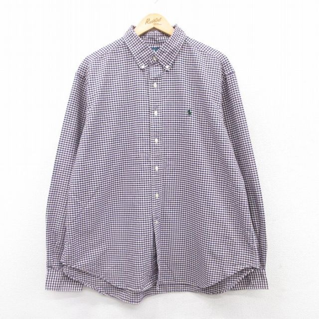 XL★古着 ラルフローレン Ralph Lauren 長袖 ブランド シャツ メンズ 90年代 90s ワンポイントロゴ 大きいサイズ コットン ボタンダウン 紫他 パープル チェック 25apr01 中古 トップス