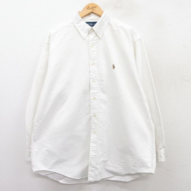 XL★古着 ラルフローレン Ralph Lauren 長袖 ブランド シャツ メンズ 90年代 90s ワンポイントロゴ YARMOUTH 大きいサイズ ロング丈 コットン ボタンダウン 白 ホワイト 25apr01 中古 トップス