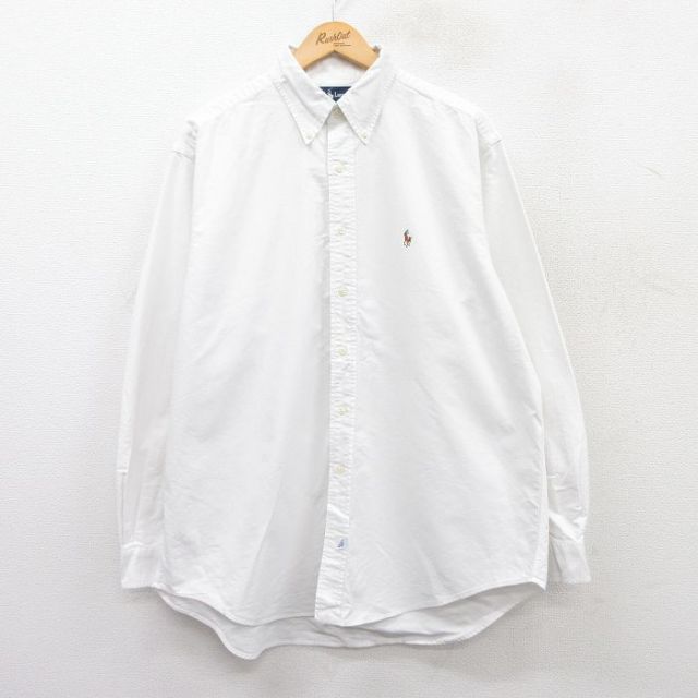 XL★古着 ラルフローレン Ralph Lauren 長袖 ブランド シャツ メンズ 90年代 90s ワンポイントロゴ YARMOUTH 大きいサイズ ロング丈 コットン ボタンダウン 白 ホワイト 25apr01 中古 トップス