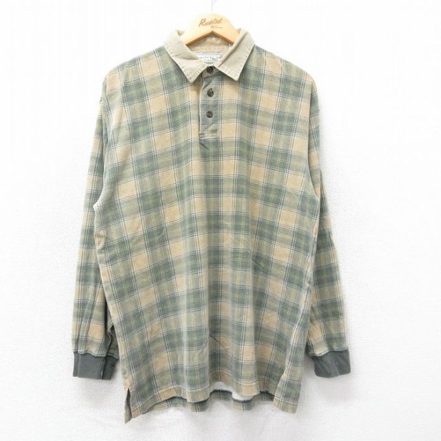 アメリカンイーグル 90s 長袖ポロシャツ 襟コーデュロイ カーキチェック L | 古着