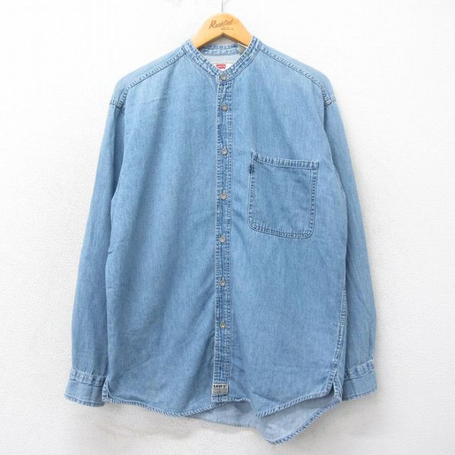 L★古着 リーバイス Levis 長袖 ブランド シャツ メンズ 00年代 00s コットン ノーカラー 紺 ネイビー デニム 【spe】 25apr02 中古 トップス