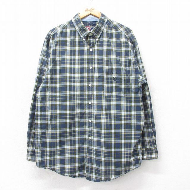 L★古着 ラルフローレン Ralph Lauren チャップス 長袖 ブランド シャツ メンズ 90年代 90s ワンポイントロゴ コットン ボタンダウン 緑他 グリーン チェック 25apr02 中古 トップス