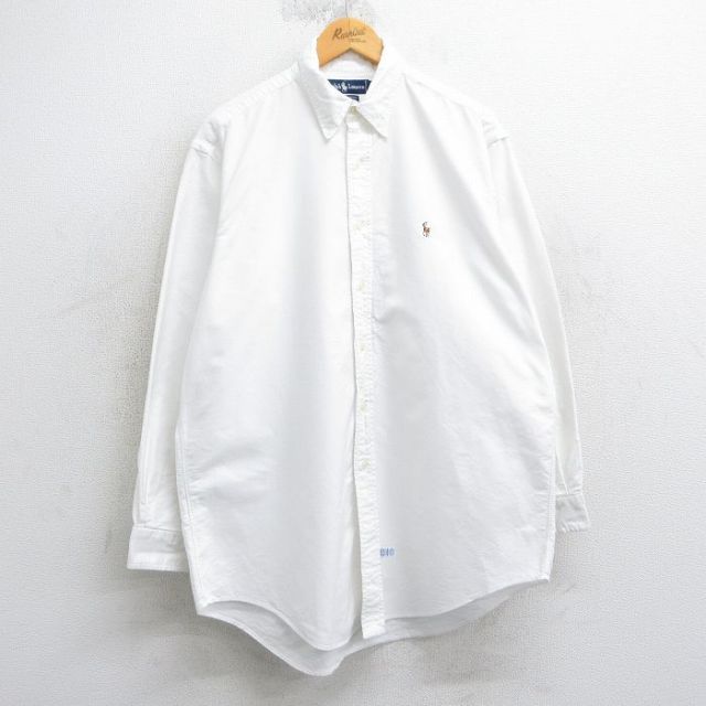 XL★古着 ラルフローレン Ralph Lauren 長袖 ブランド シャツ メンズ 90年代 90s ワンポイントロゴ オックスフォード YARMOUTH 大きいサイズ ロング丈 ボタンダウン 白 ホワイト 25apr03 中古 トップス