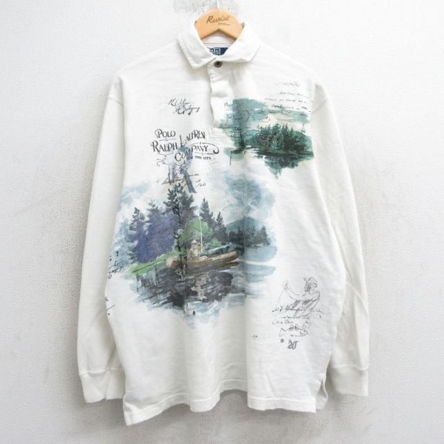 XL★古着 ラルフローレン Ralph Lauren 長袖 ブランド ラガー シャツ メンズ 90年代 90s 釣り 湖 ビッグロゴ 大きいサイズ コットン 白 ホワイト 【spe】 25apr03 中古 トップス