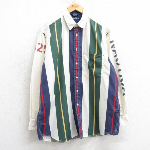 XL★古着 ノーティカ NAUTICA 長袖 ブランド シャツ メンズ 90年代 90s ビッグロゴ 大きいサイズ ロング丈 コットン 生成り他 ストライプ 【spe】 25apr03 中古 トップス