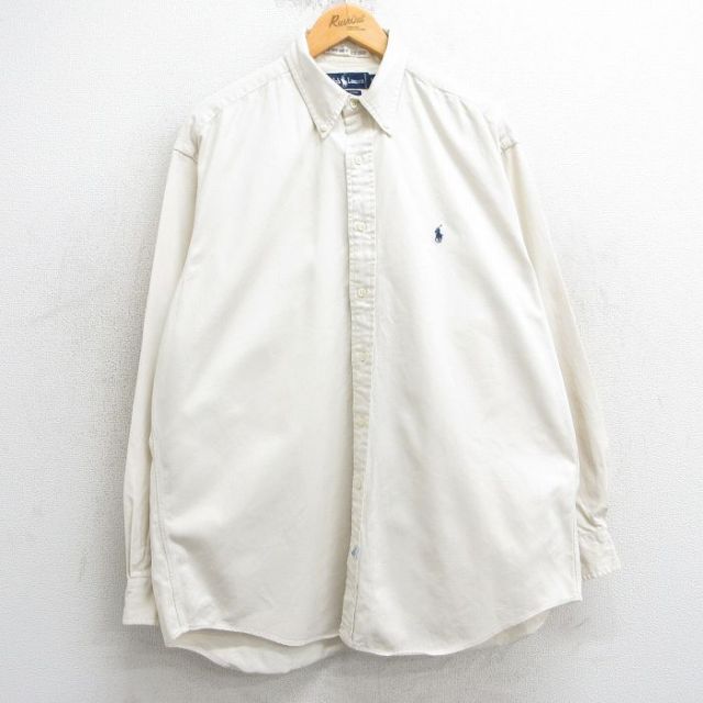 XL★古着 ラルフローレン Ralph Lauren 長袖 ブランド シャツ メンズ 90年代 90s ワンポイントロゴ 大きいサイズ ロング丈 コットン ボタンダウン 生成り 25apr03 中古 トップス