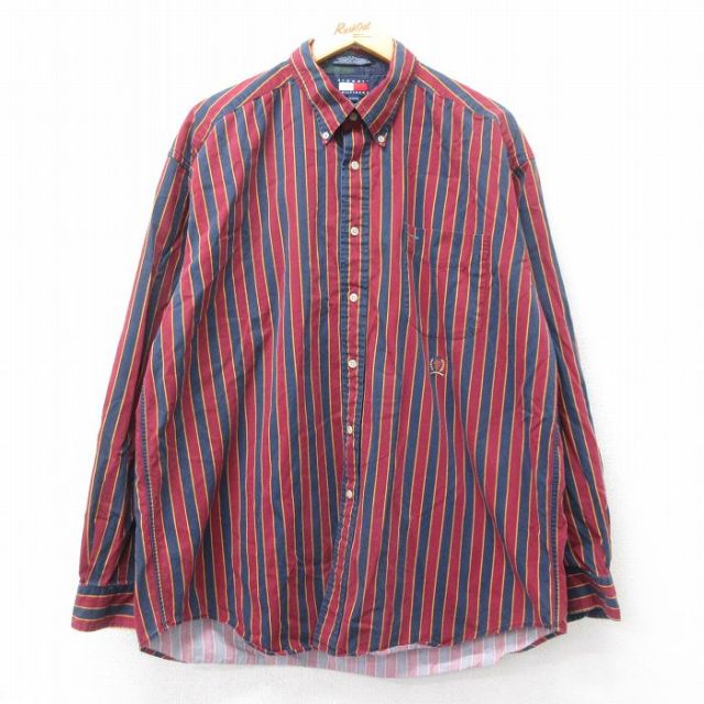 【50%OFF】XL★古着 トミーヒルフィガー TOMMY HILFIGER 長袖 ブランド シャツ メンズ 90年代 90s ワンポイントロゴ 大きいサイズ ロング丈 コットン ボタンダウン エンジ他 ストライプ 25apr09 中古 トップス