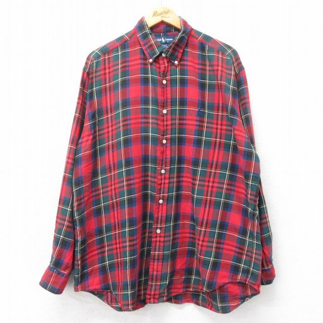 XL★古着 ラルフローレン Ralph Lauren 長袖 ブランド シャツ メンズ 90年代 90s ワンポイントロゴ BLAKE 大きいサイズ コットン ボタンダウン 赤他 レッド タータン チェック 【spe】 25apr09 中古 トップス