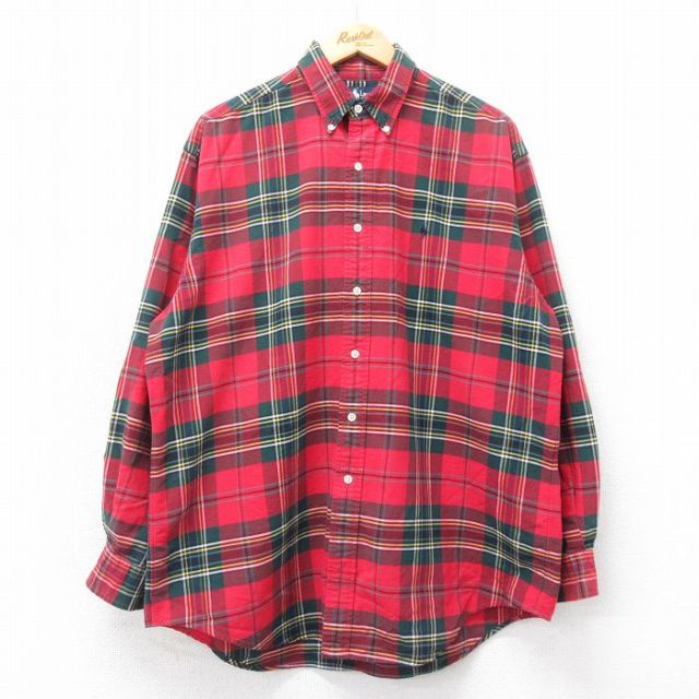 XL★古着 ラルフローレン Ralph Lauren 長袖 ブランド シャツ メンズ 90年代 90s ワンポイントロゴ 大きいサイズ ロング丈 コットン ボタンダウン 赤他 レッド タータン チェック 【spe】 25apr09 中古 トップス
