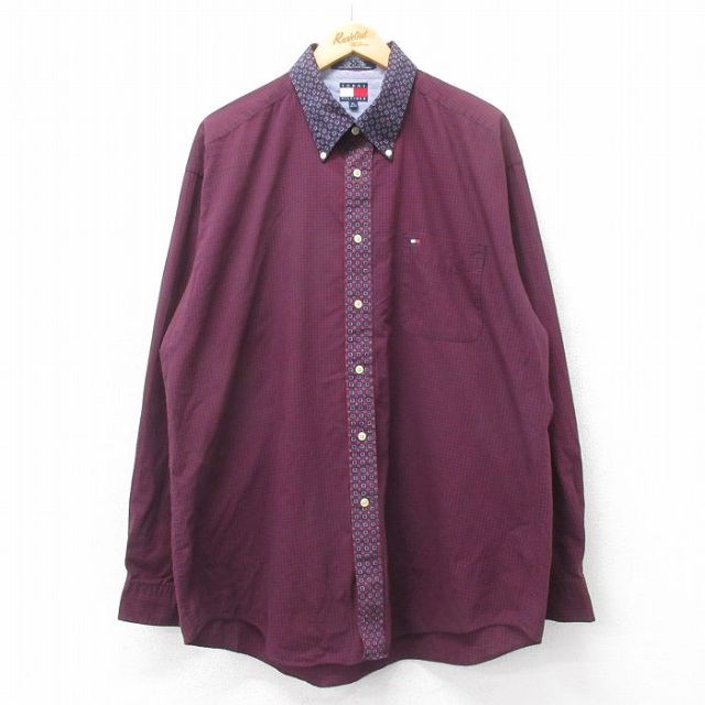 【50%OFF】XL★古着 トミーヒルフィガー TOMMY HILFIGER 長袖 ブランド シャツ メンズ 90年代 90s ワンポイントロゴ 大きいサイズ ロング丈 コットン ボタンダウン エンジ他 チェック 25apr09 中古 トップス
