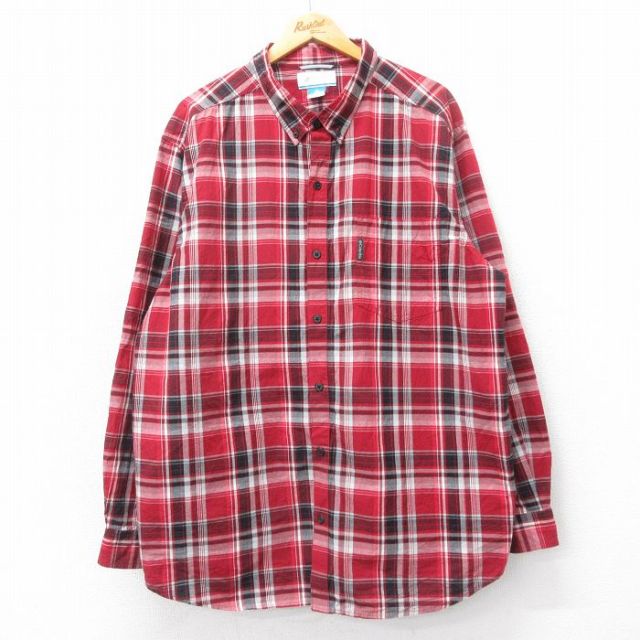 XL★古着 コロンビア COLUMBIA 長袖 ブランド シャツ メンズ 大きいサイズ ロング丈 コットン ボタンダウン 赤他 レッド チェック 25apr09 中古 トップス