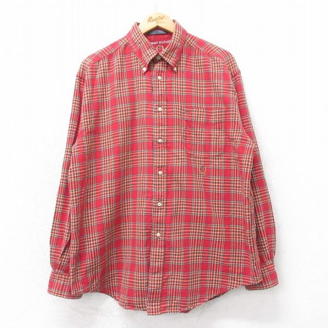 【50%OFF】XL★古着 トミーヒルフィガー TOMMY HILFIGER 長袖 ブランド シャツ メンズ 90年代 90s ワンポイントロゴ コットン ボタンダウン 赤他 レッド チェック 25apr09 中古 トップス