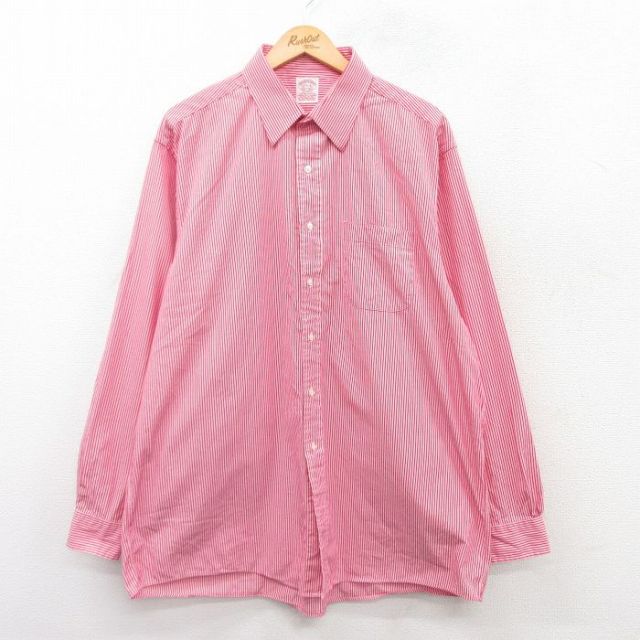 XL★古着 ブルックスブラザーズ BROOKS BROTHERS 長袖 ブランド シャツ メンズ 大きいサイズ ロング丈 コットン 赤他 レッド ストライプ 25apr09 中古 トップス