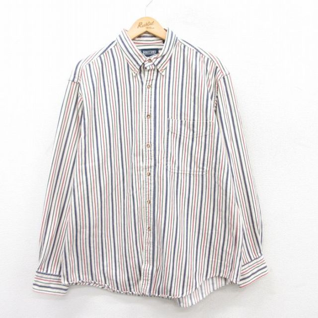 XL★古着 ランズエンド 長袖 ブランド シャツ メンズ 90年代 90s ロング丈 コットン ボタンダウン USA製 白他 ホワイト ストライプ 【spe】 25apr09 中古 トップス