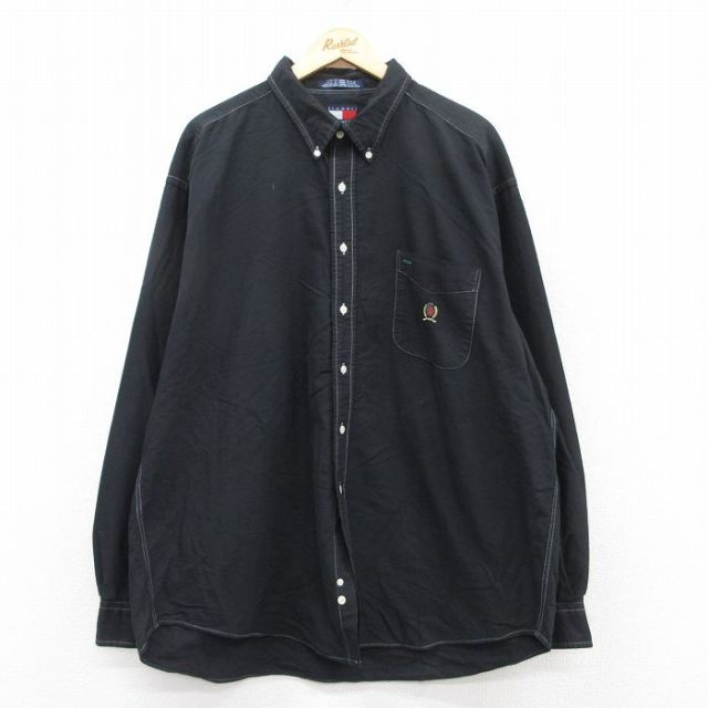 【50%OFF】XL★古着 トミーヒルフィガー TOMMY HILFIGER 長袖 ブランド シャツ メンズ 90年代 90s ワンポイントロゴ オックスフォード 大きいサイズ ロング丈 コットン ボタンダウン 黒 ブラック 【spe】 25apr10 中古 トップス