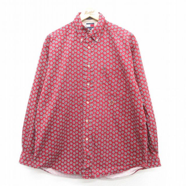 XL★古着 トミーヒルフィガー TOMMY HILFIGER 長袖 ブランド シャツ メンズ 90年代 90s ワンポイントロゴ コットン ボタンダウン 赤他 レッド 25apr10 中古 トップス