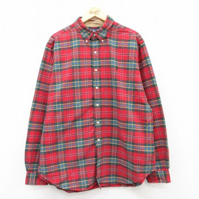 XL★古着 ラルフローレン Ralph Lauren 長袖 ブランド シャツ メンズ 90年代 90s ワンポイントロゴ 大きいサイズ ロング丈 コットン ボタンダウン 赤他 レッド タータン チェック 25apr10 中古 トップス