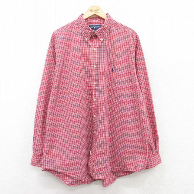 XL★古着 ラルフローレン Ralph Lauren 長袖 ブランド シャツ メンズ 90年代 90s ワンポイントロゴ BLAKE 大きいサイズ ロング丈 コットン ボタンダウン 赤他 レッド チェック 【spe】 25apr10 中古 トップス
