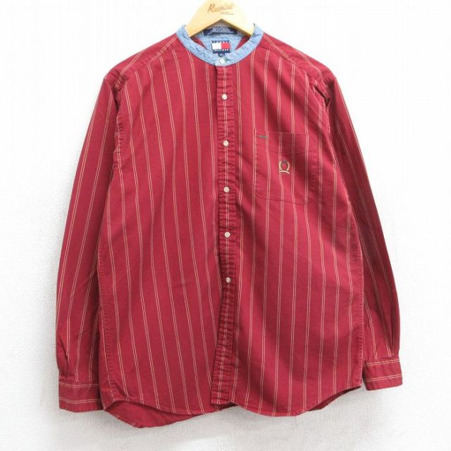 L★古着 トミーヒルフィガー TOMMY HILFIGER 長袖 ブランド シャツ メンズ 90年代 90s ワンポイントロゴ コットン ノーカラー 赤他 レッド ストライプ 25apr11 中古 トップス