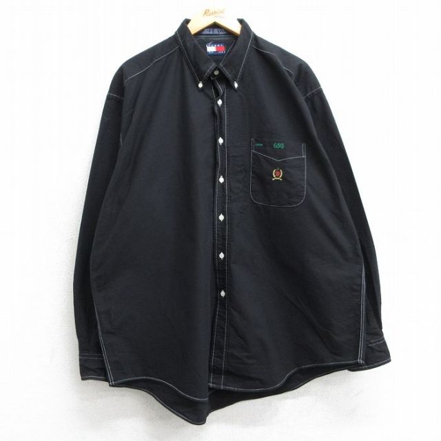 XL★古着 トミーヒルフィガー TOMMY HILFIGER 長袖 ブランド シャツ メンズ 90年代 90s ワンポイントロゴ 大きいサイズ コットン ボタンダウン 黒 ブラック 25apr17 中古 トップス