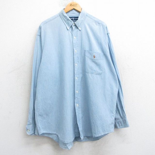 XL★古着 ラルフローレン Ralph Lauren 長袖 ブランド シャツ メンズ 90年代 90s ワンポイントロゴ BIG SHIRT 大きいサイズ コットン ボタンダウン 薄紺 ネイビー 【spe】 25apr17 中古 トップス