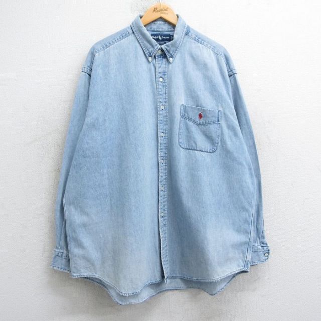 XL★古着 ラルフローレン Ralph Lauren 長袖 ブランド シャツ メンズ 90年代 90s ワンポイントロゴ BIG SHIRT 大きいサイズ コットン ボタンダウン 薄紺 ネイビー デニム 【spe】 25apr17 中古 トップス