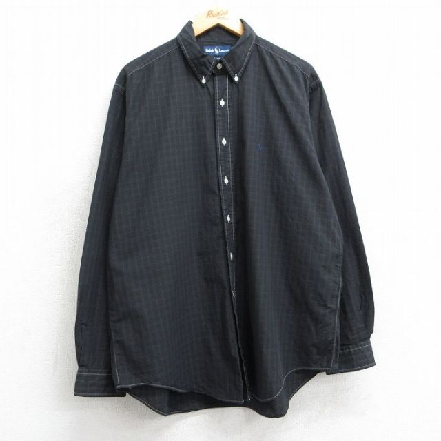 XL★古着 ラルフローレン Ralph Lauren 長袖 ブランド シャツ メンズ 90年代 90s ワンポイントロゴ YARMOUTH 大きいサイズ ロング丈 コットン ボタンダウン 黒他 ブラック チェック 25apr17 中古 トップス