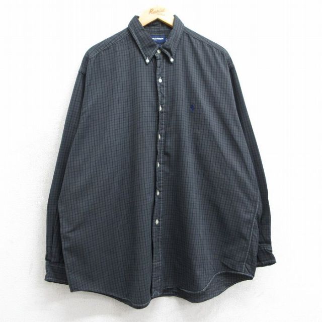 【20%OFF】XL★古着 ラルフローレン Ralph Lauren ゴルフ 長袖 ブランド シャツ メンズ 90年代 90s ワンポイントロゴ TILDEN 大きいサイズ コットン ボタンダウン 濃グレー他 チェック 25apr17 中古 トップス