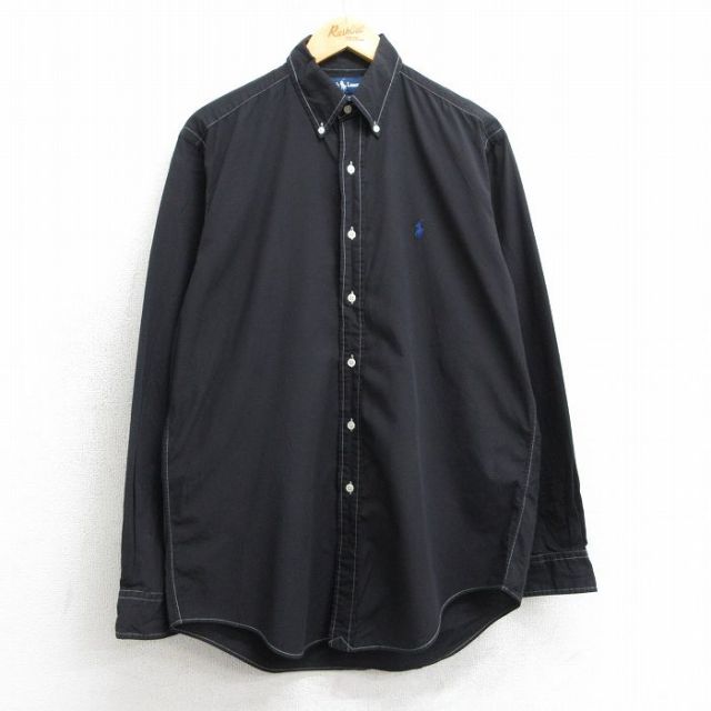XL★古着 ラルフローレン Ralph Lauren 長袖 ブランド シャツ メンズ 90年代 90s ワンポイントロゴ YARMOUTH コットン ボタンダウン 黒 ブラック 25apr17 中古 トップス