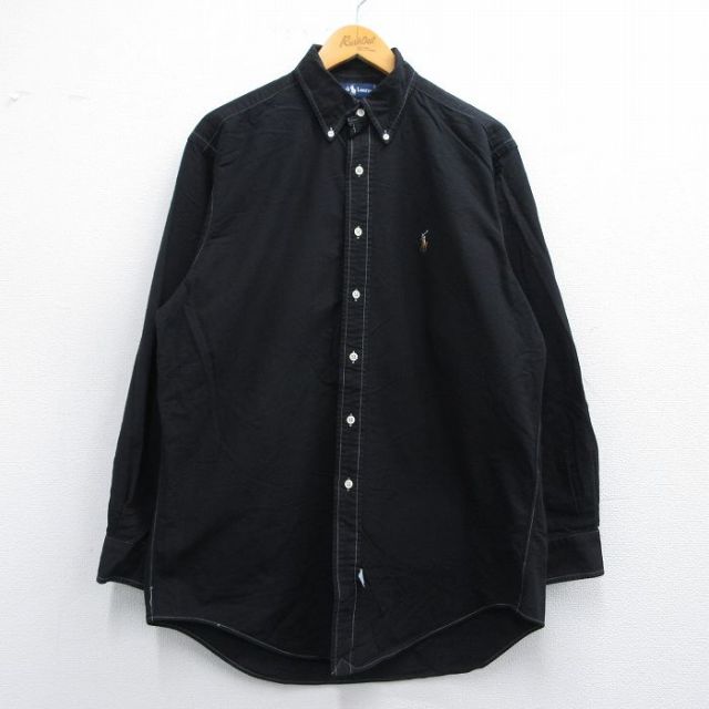 XL★古着 ラルフローレン Ralph Lauren 長袖 ブランド シャツ メンズ 90年代 90s ワンポイントロゴ YARMOUTH オックスフォード コットン ボタンダウン 黒 ブラック 25apr18 中古 トップス