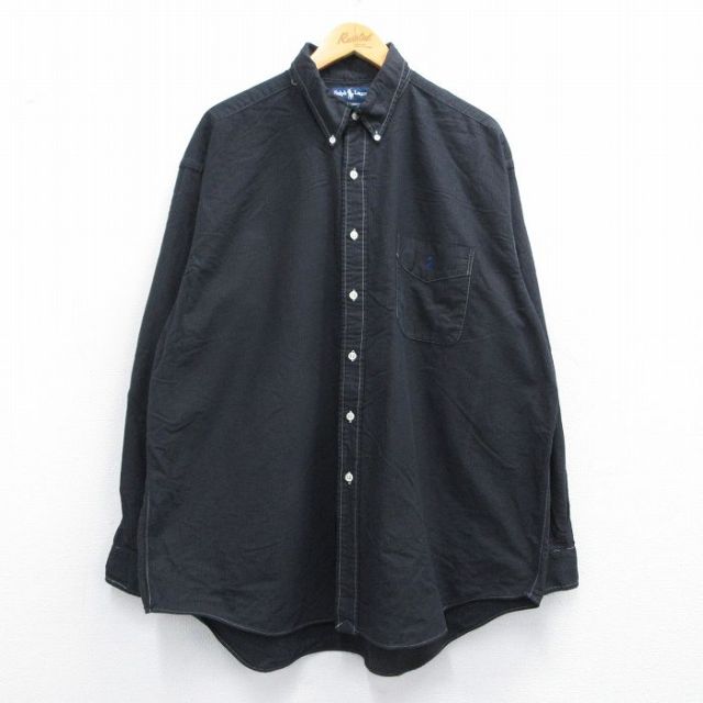 XL★古着 ラルフローレン Ralph Lauren 長袖 ブランド シャツ メンズ 90年代 90s ワンポイントロゴ BIG SHIRT オックスフォード 大きいサイズ コットン ボタンダウン 黒 ブラック ストライプ 【spe】 25apr18 中古 トップス