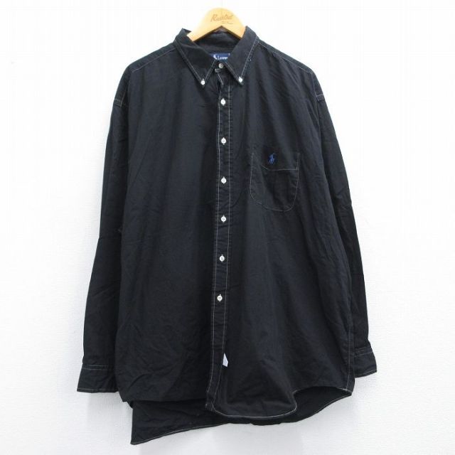【50%OFF】XL★古着 ラルフローレン Ralph Lauren 長袖 ブランド シャツ メンズ 90年代 90s ワンポイントロゴ BIG SHIRT 大きいサイズ ロング丈 コットン ボタンダウン 黒他 ブラック ストライプ 【spe】 25apr18 中古 トップス