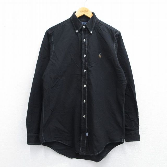 L★古着 ラルフローレン Ralph Lauren 長袖 ブランド シャツ メンズ 90年代 90s ワンポイントロゴ オックスフォード コットン ボタンダウン 黒 ブラック 25apr18 中古 トップス